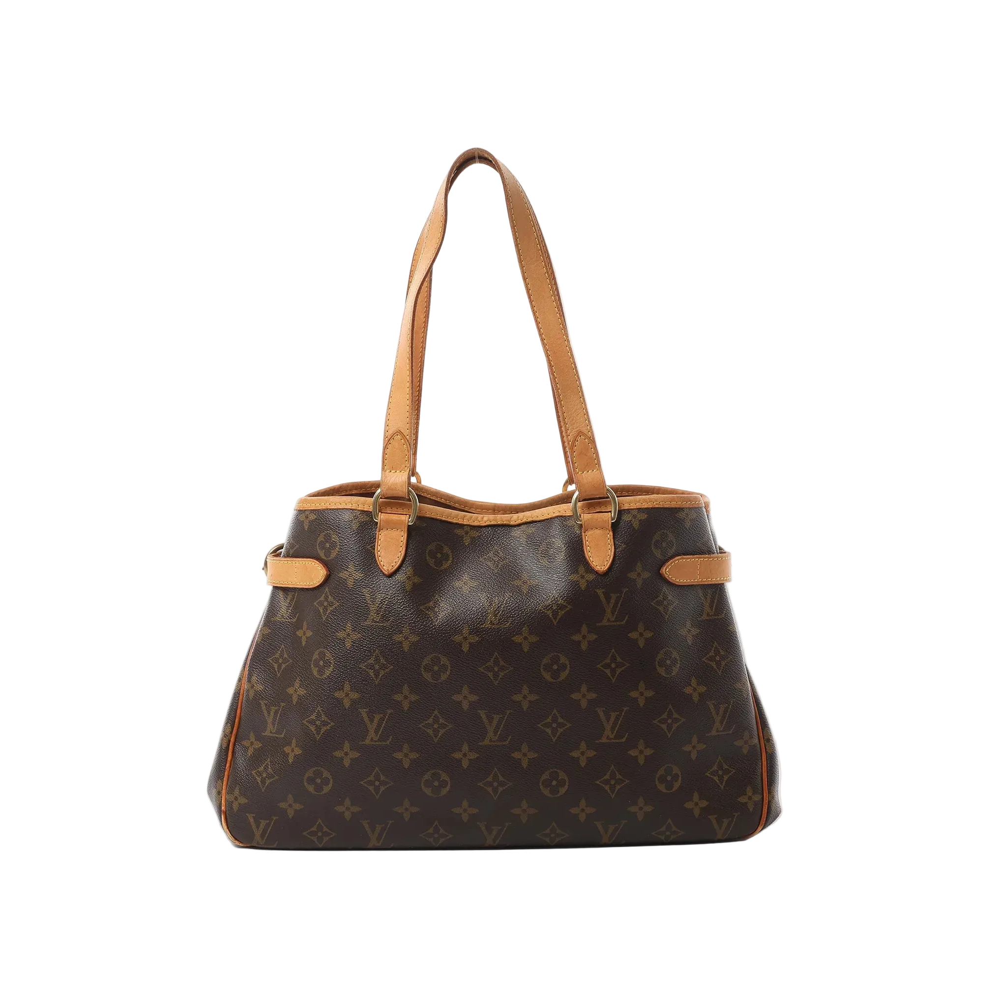 Louis Vuitton Batignolles Horizontal shoulder bag in brown Monogram canvas with tan leather straps and side buckle tabs on white background