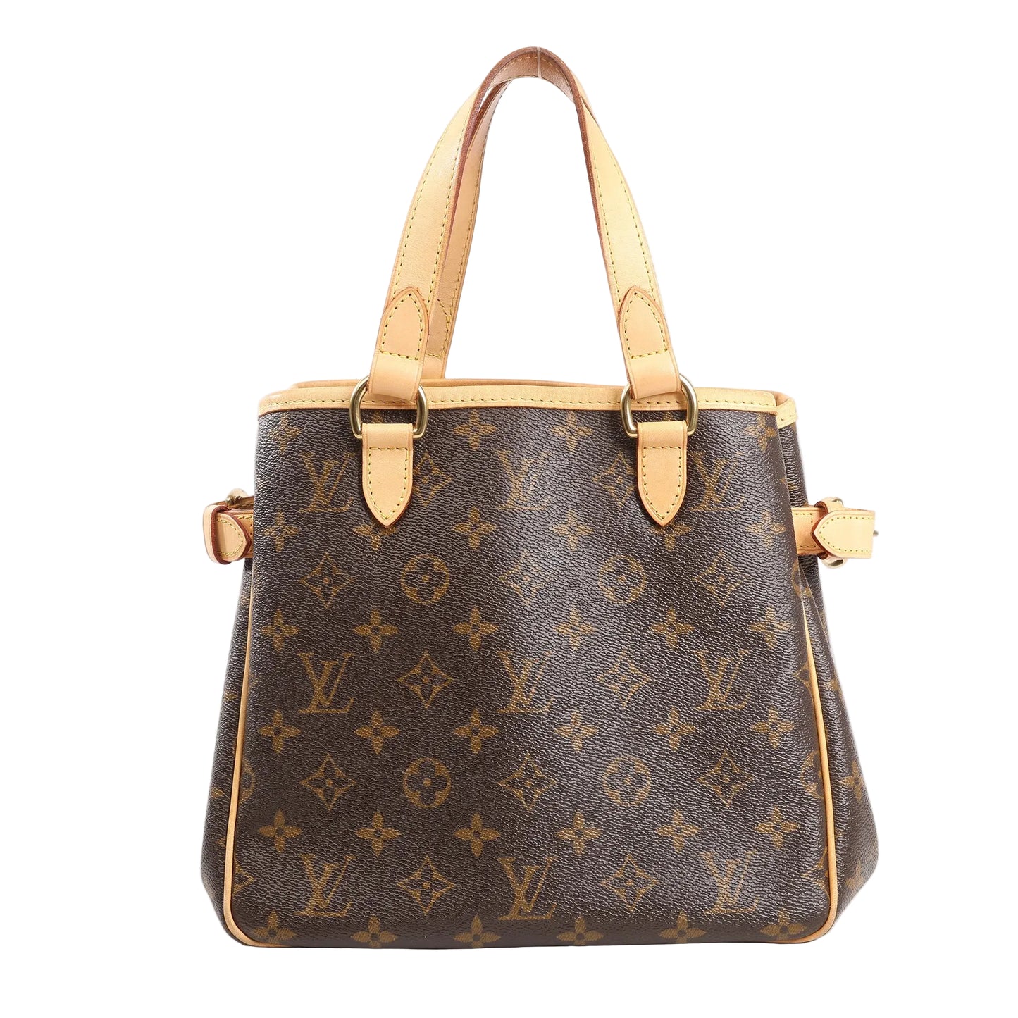 Louis Vuitton Batignolles shoulder bag in brown Monogram canvas with natural leather handles, gold-tone hardware, and adjustable side buckles.