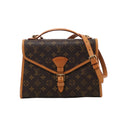 Brown Louis Vuitton Bel Air Monogram canvas handbag with natural leather trim, top handle, adjustable shoulder strap and gold-tone buckle closure.