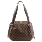 Louis Vuitton Belem MM Shoulder Bag N51174 in brown Damier Ebene coated canvas with dark brown leather trim, dual rolled leather shoulder straps, zip-top closure, and gold-tone hardware, displayed against a white background.