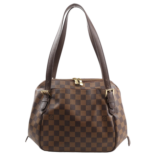Louis Vuitton Belem MM Shoulder Bag N51174 in brown Damier Ebene coated canvas with dark brown leather trim, dual rolled leather shoulder straps, zip-top closure, and gold-tone hardware, displayed against a white background.