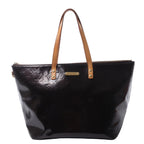 Louis Vuitton Bellevue GM shoulder bag in glossy burgundy Monogram Vernis leather with tan leather handles, gold-tone hardware and top zip closure.