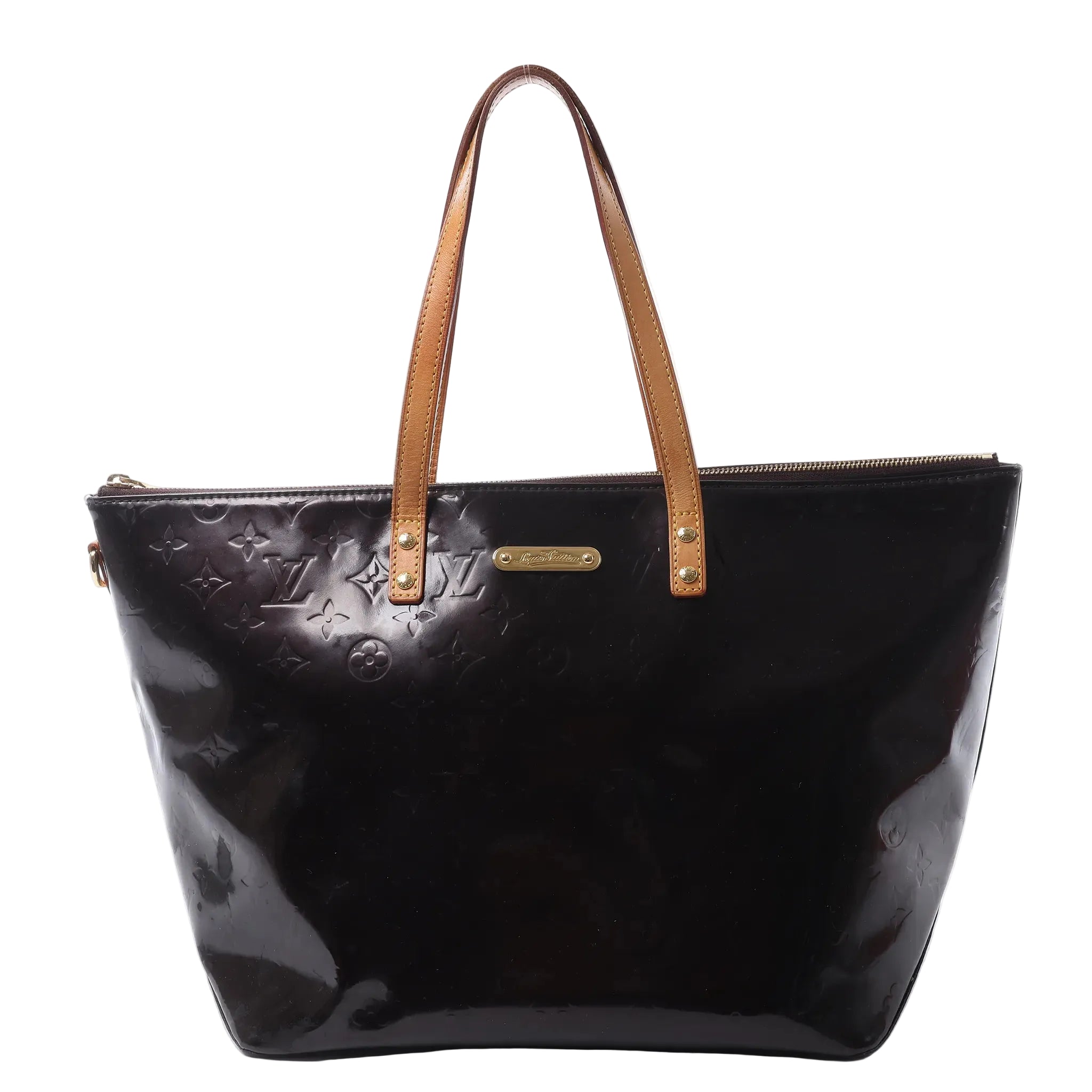 Louis Vuitton Bellevue GM shoulder bag in glossy burgundy Monogram Vernis leather with tan leather handles, gold-tone hardware and top zip closure.