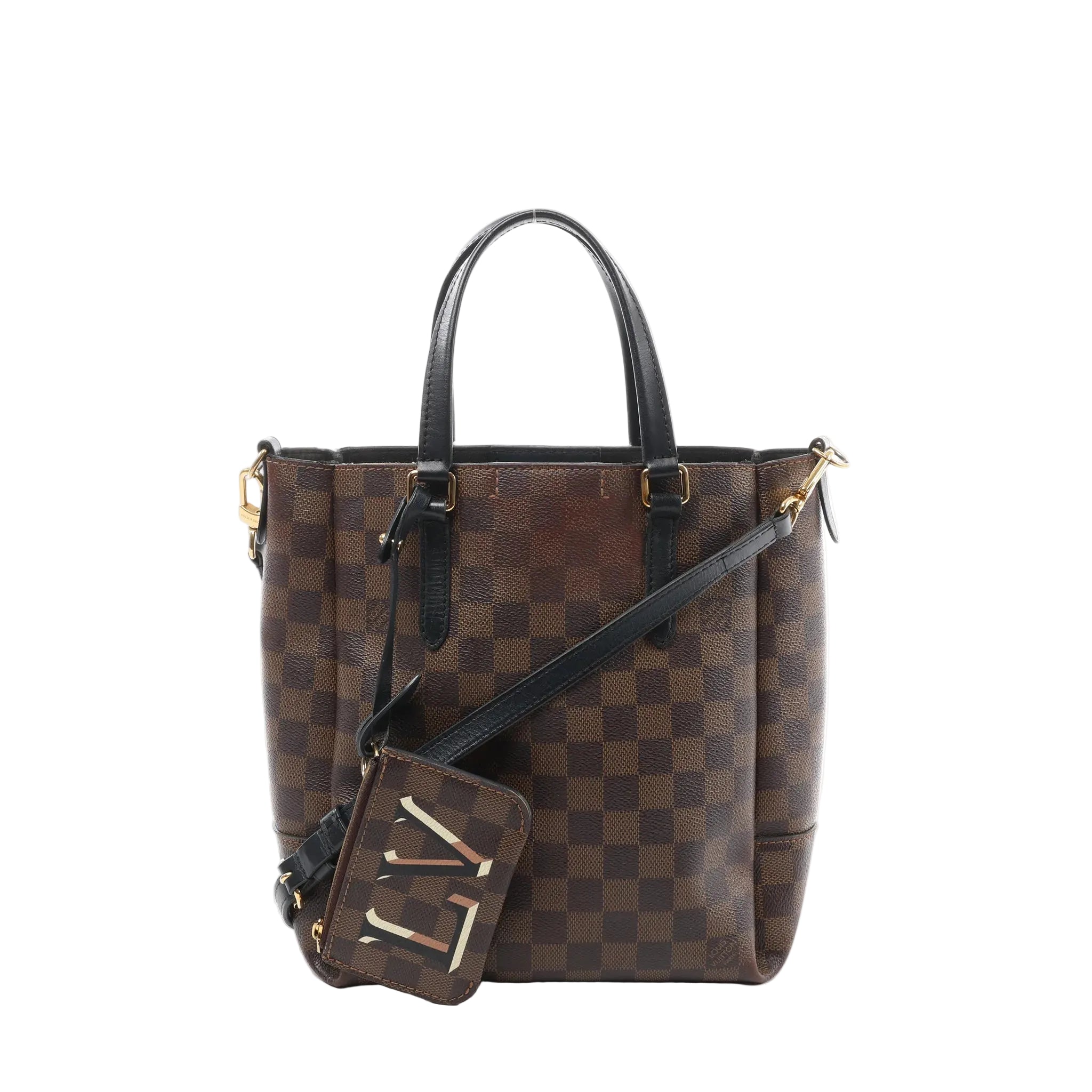 Louis Vuitton Belmont PM Damier Ebene checkered handbag with black leather top handles, detachable shoulder strap, gold-tone hardware, and matching zip pouch, front view on white background.
