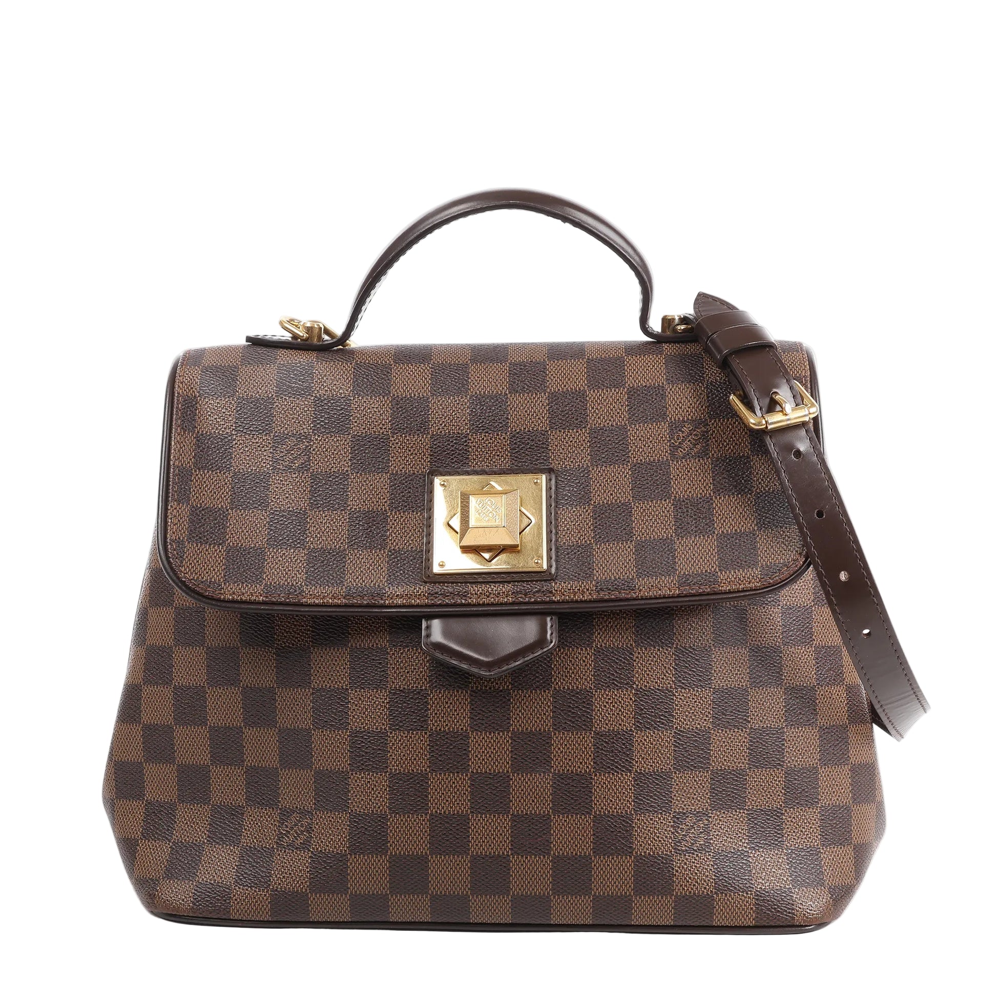 Louis Vuitton Bergamo MM handbag N41168 in Damier Ebene brown checkered canvas with dark leather trim, top handle, detachable shoulder strap, and gold-tone push-lock closure against a white background.