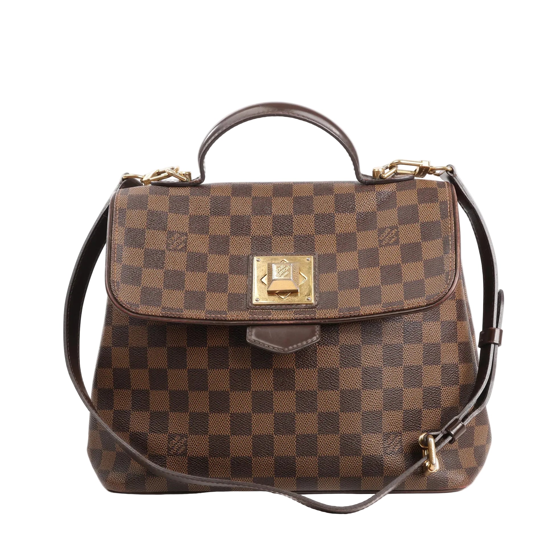 Louis Vuitton Bergamo PM handbag in brown Damier Ebene coated canvas with checkered pattern, structured silhouette, top handle, adjustable shoulder strap, and gold-tone S-lock closure.