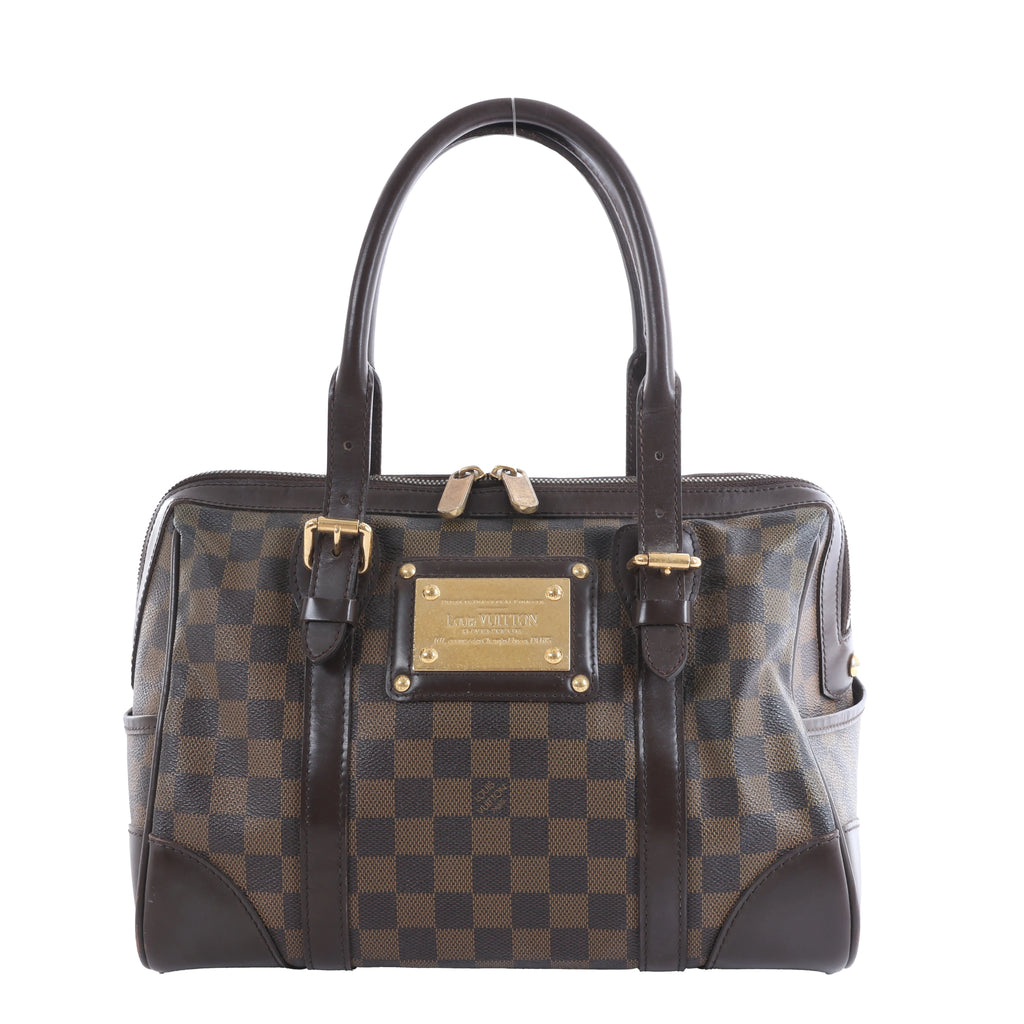 Louis Vuitton Berkeley brown Damier Ebene checkerboard shoulder bag with dark leather trim, twin top handles and gold-tone hardware.