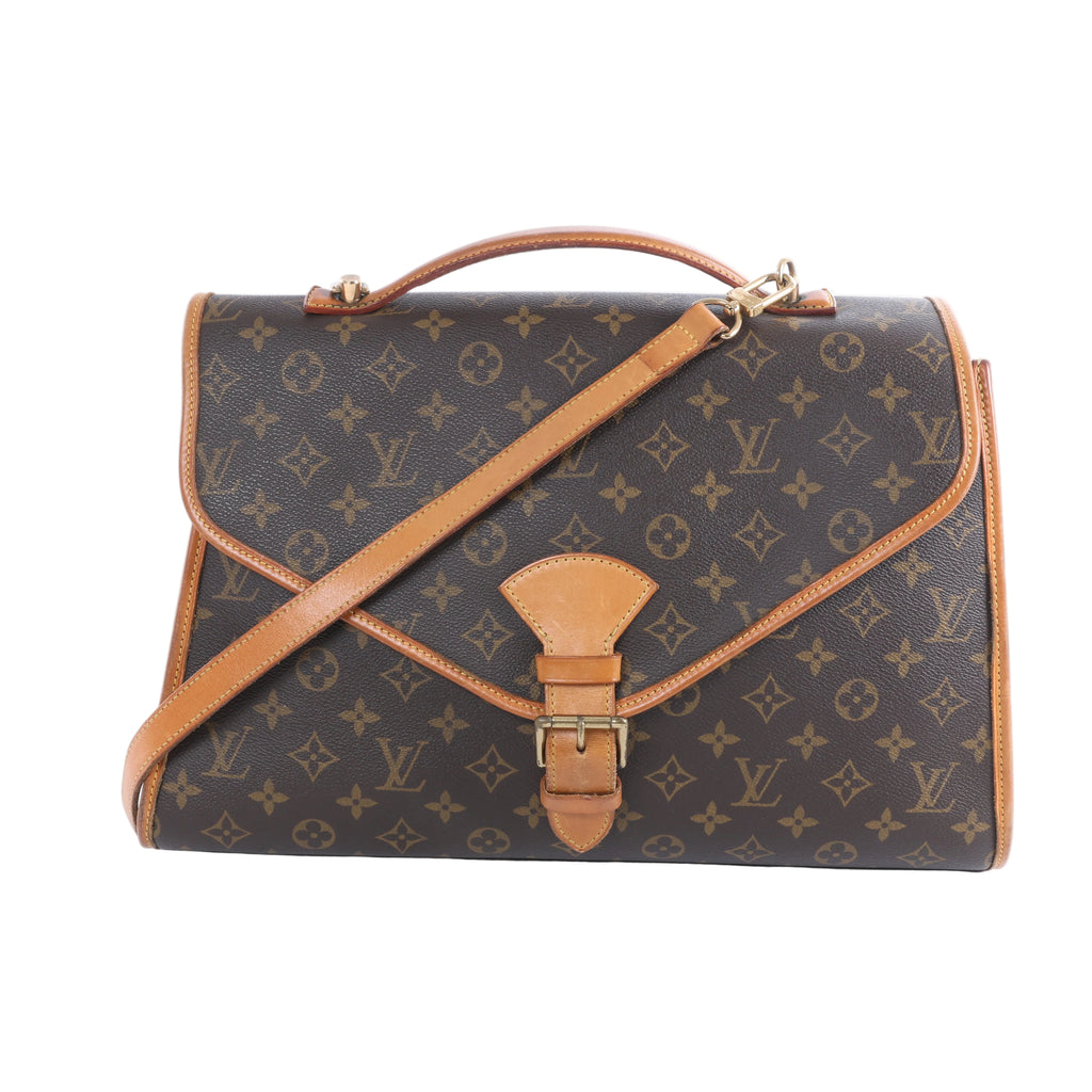 Louis Vuitton Beverly M51121 brown Monogram briefcase handbag with tan leather trim, top handle, shoulder strap and front buckle closure.