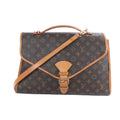 Louis Vuitton Beverly M51121 brown Monogram briefcase handbag with tan leather trim, top handle, shoulder strap and front buckle closure.