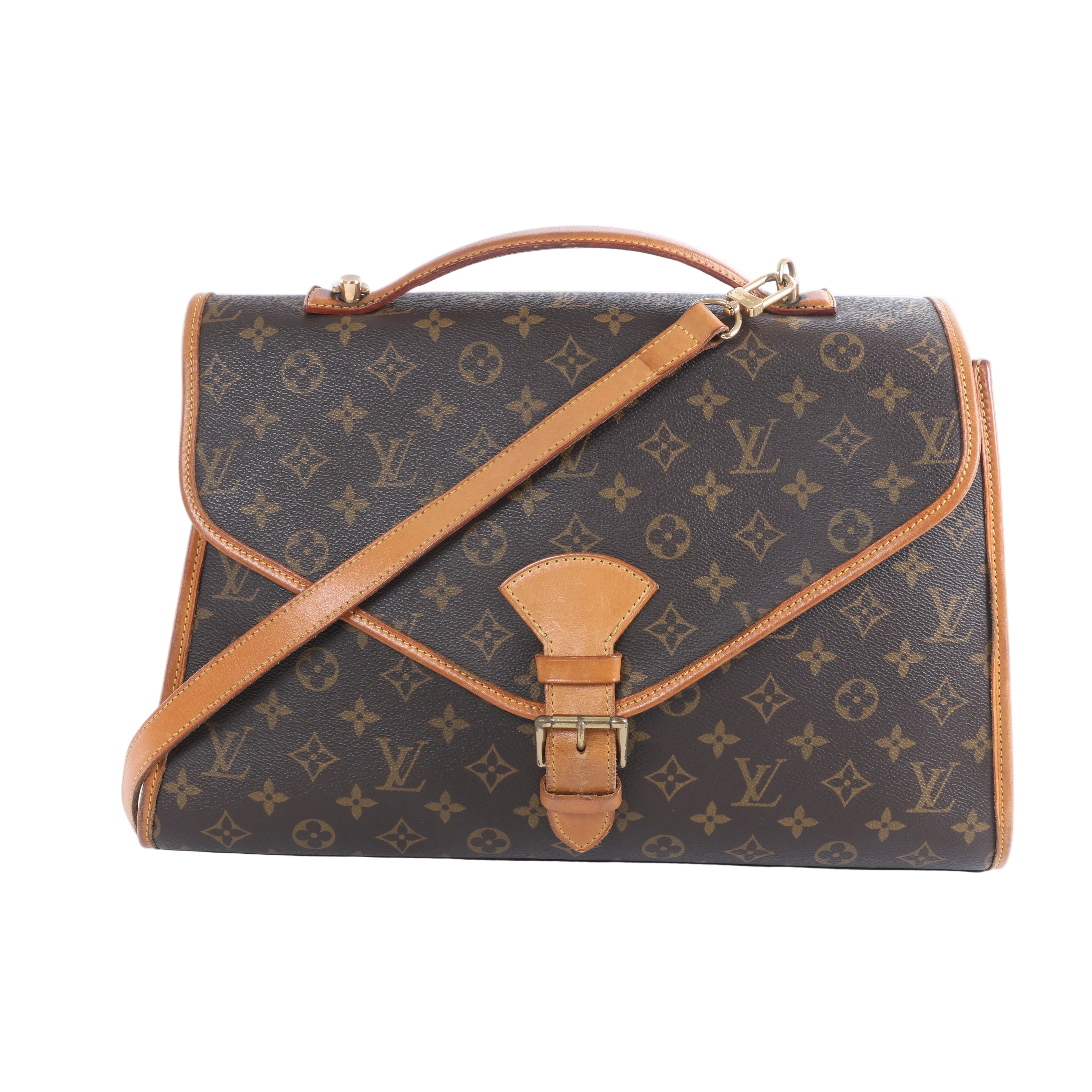Louis Vuitton Beverly M51121 brown Monogram briefcase handbag with tan leather trim, top handle, shoulder strap and front buckle closure.