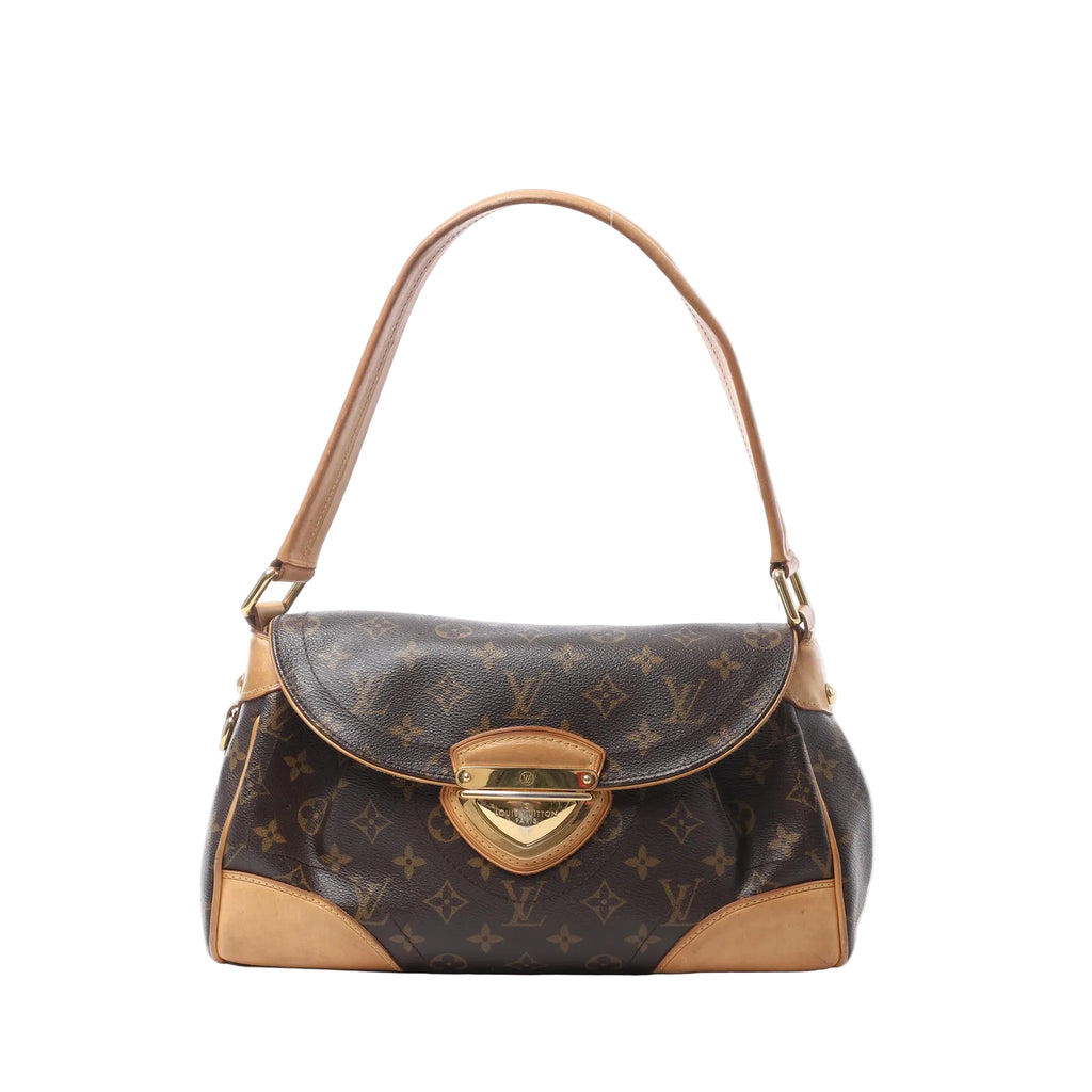 Louis Vuitton Beverly MM shoulder bag in brown Monogram canvas with tan leather trim, curved flap, shoulder strap and gold-tone push-lock.