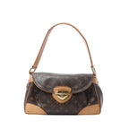 Louis Vuitton Beverly MM shoulder bag in brown Monogram canvas with tan leather trim, curved flap, shoulder strap and gold-tone push-lock.