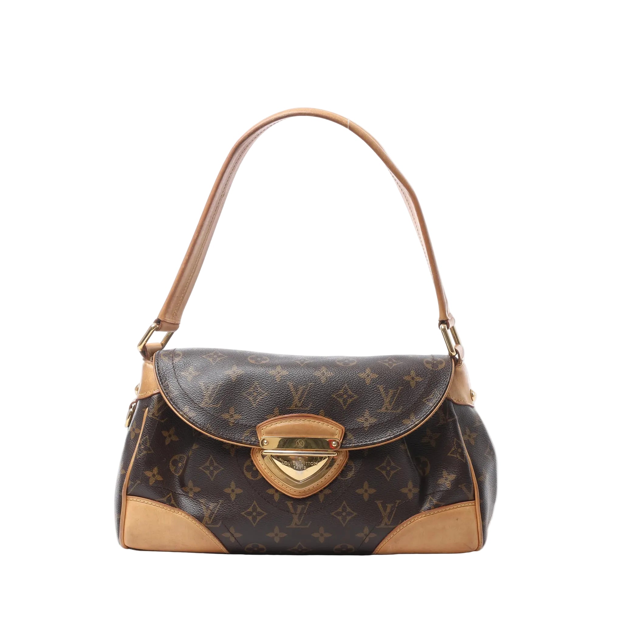 Louis Vuitton Beverly MM shoulder bag in brown Monogram canvas with tan leather trim, curved flap, shoulder strap and gold-tone push-lock.