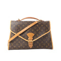 Louis Vuitton Monogram canvas Beverly briefcase with tan vachetta leather trim, top handle, buckle flap closure, and leather shoulder strap