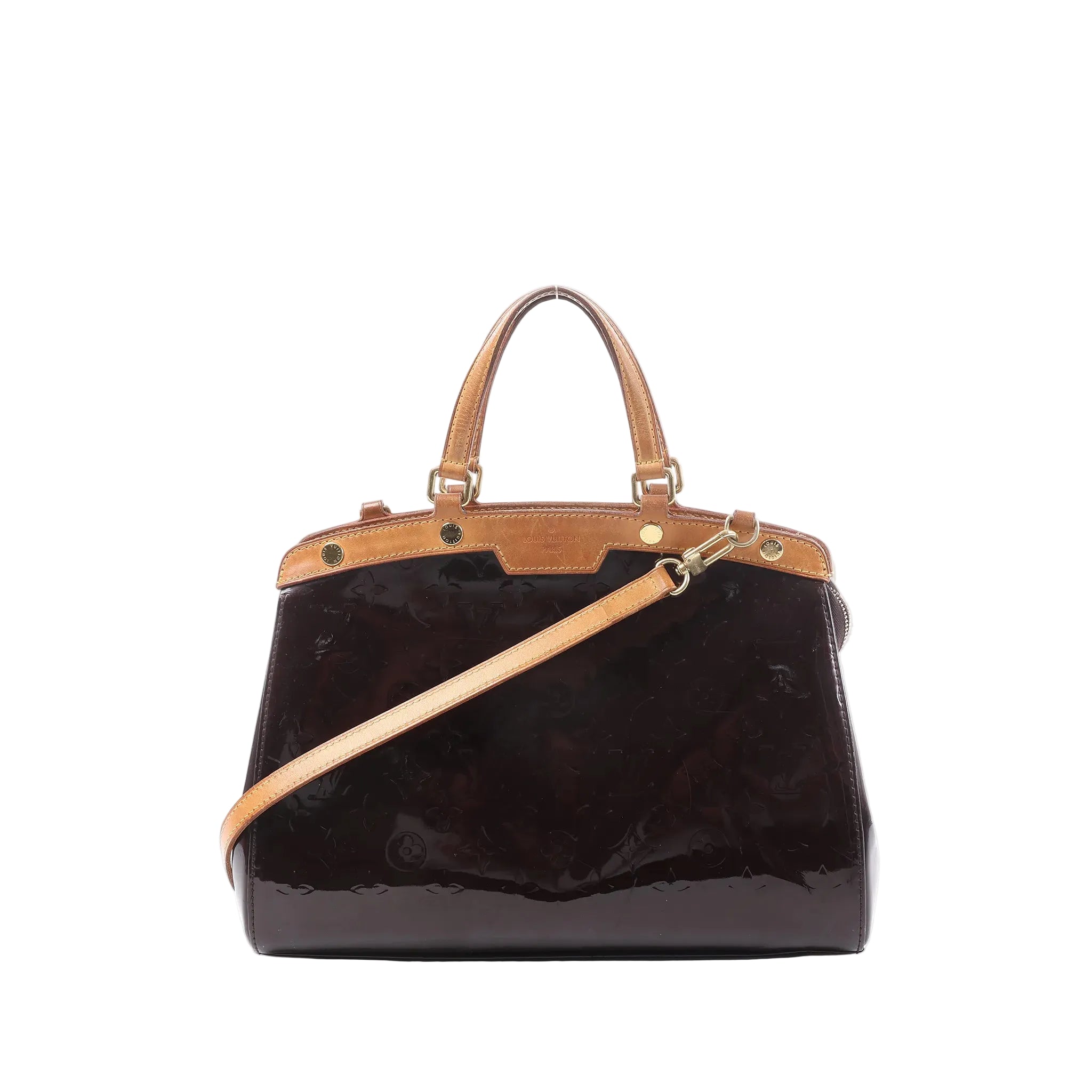 Front view of Louis Vuitton Amarante Vernis Blair MM handbag with tan leather trim, top handles, gold-tone studs and a detachable shoulder strap on a white background.