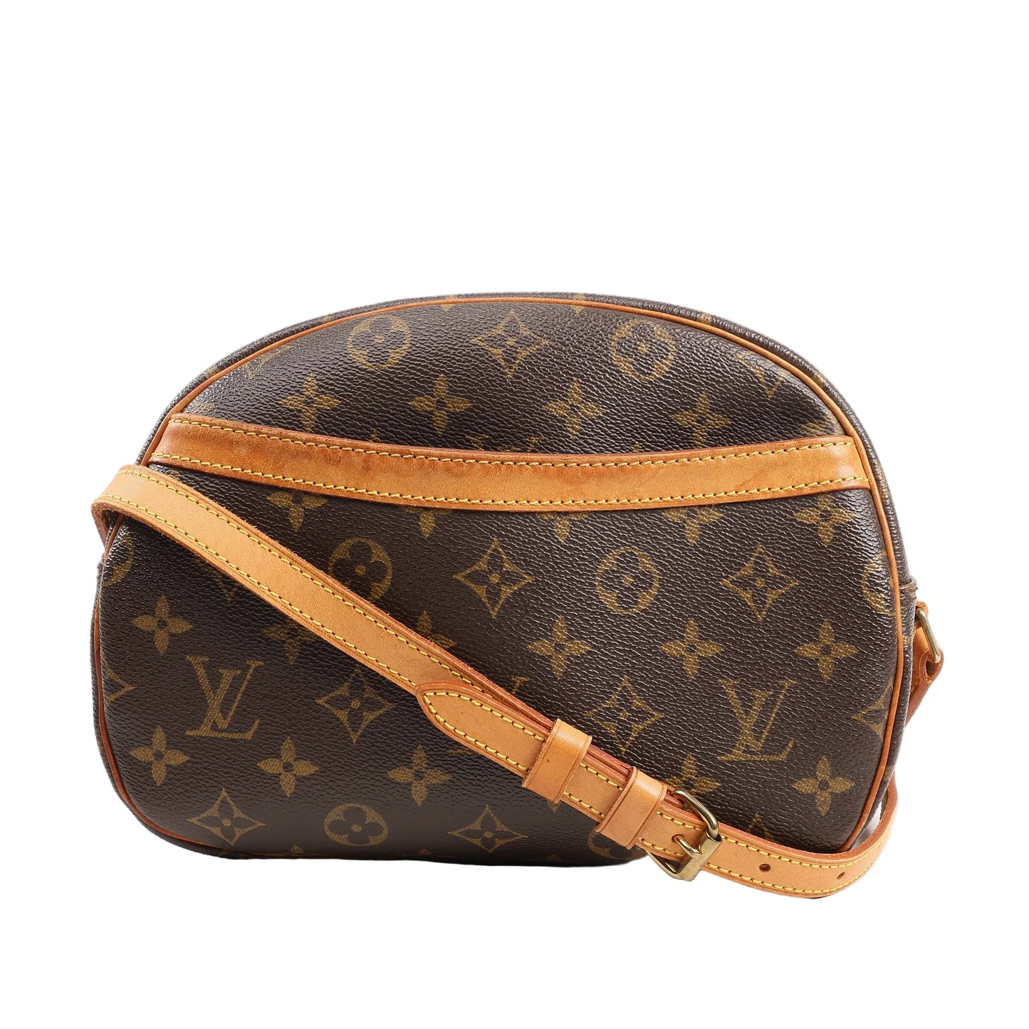 Front view of a Louis Vuitton Blois M51221 crossbody bag featuring classic Monogram canvas, natural cowhide leather trim, adjustable shoulder strap, and rounded silhouette with gold-tone hardware.