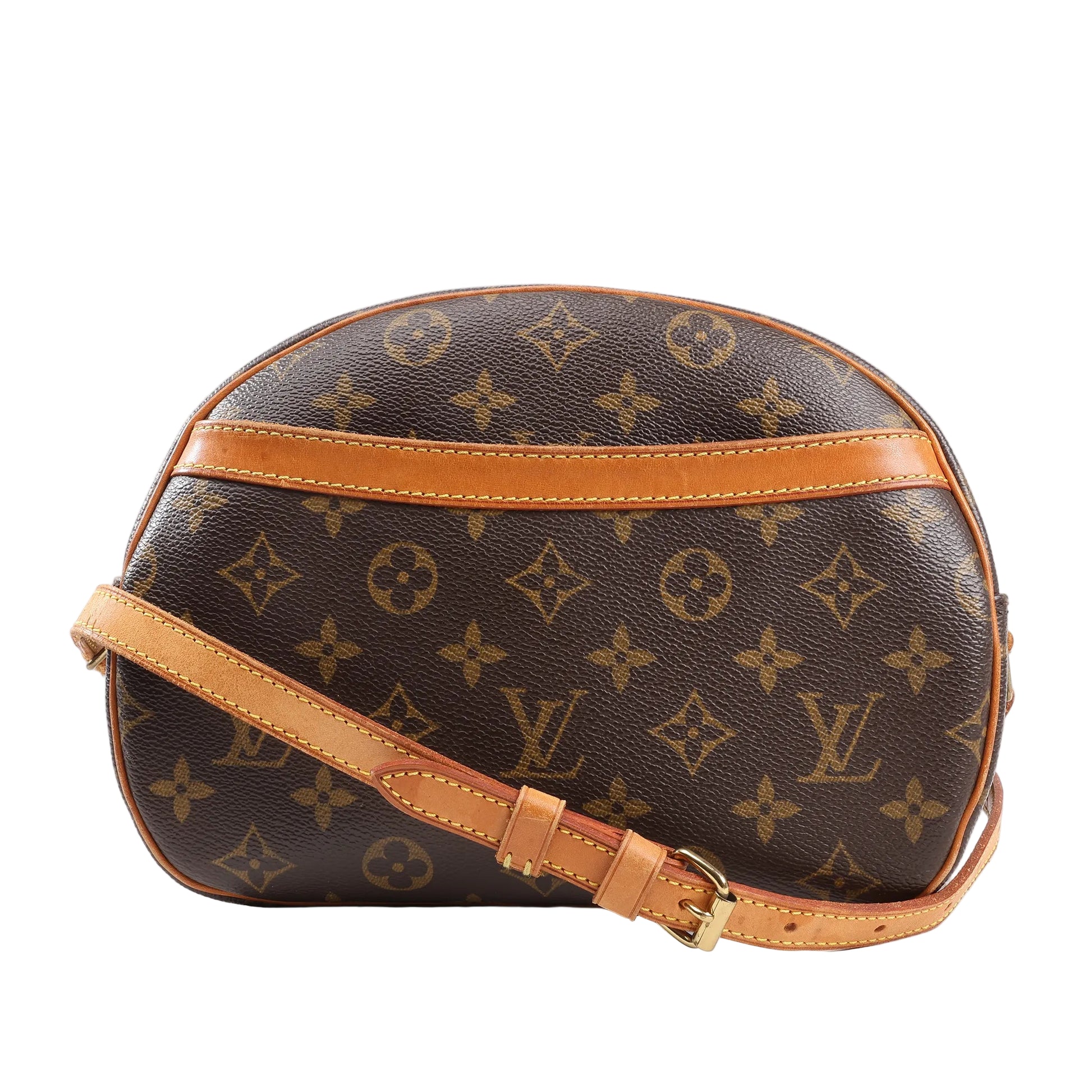 Louis Vuitton Monogram Canvas Blois Crossbody Bag M51221 featuring brown coated canvas with all-over LV monogram print, natural leather trim, front slip pocket, and adjustable shoulder strap.