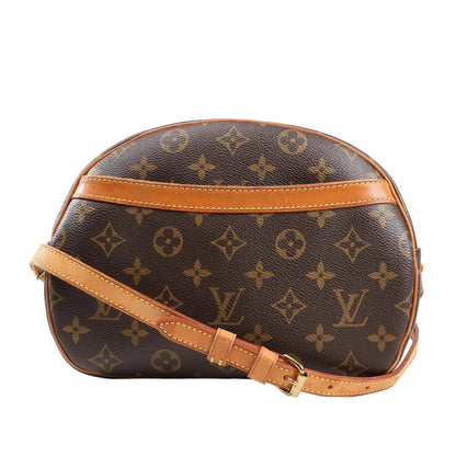 Louis Vuitton Monogram Canvas Blois Crossbody Bag M51221 featuring brown coated canvas with all-over LV monogram print, natural leather trim, front slip pocket, and adjustable shoulder strap.