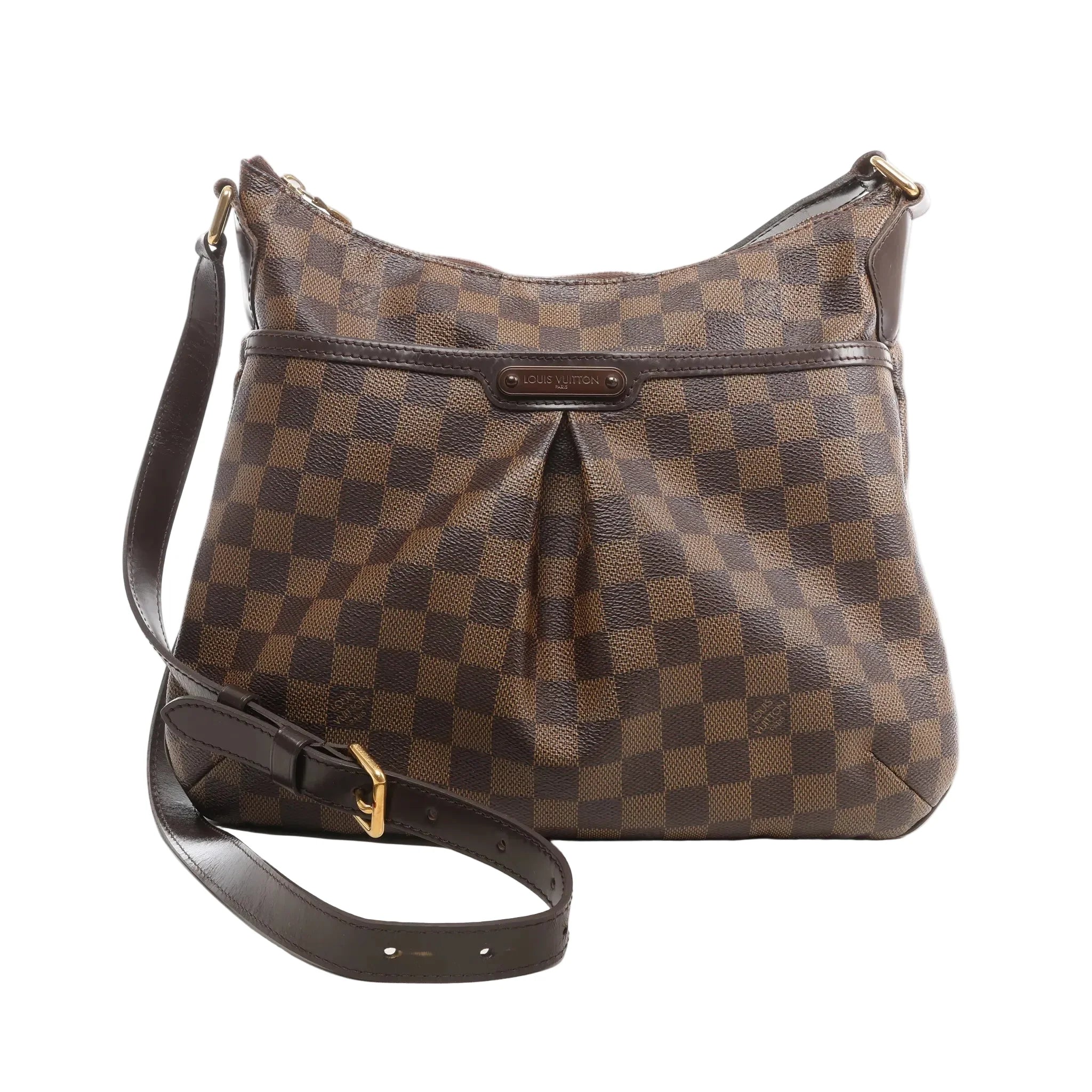 Louis Vuitton Bloomsbury PM crossbody bag in brown Damier Ebene coated canvas with dark leather trim, adjustable shoulder strap, front pleated detail, and gold-tone hardware on a white background.