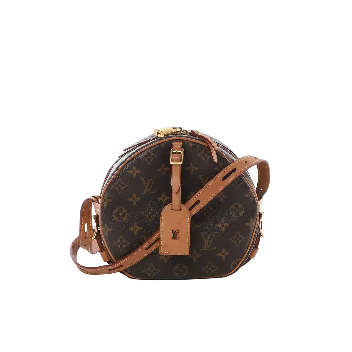 Front view of Louis Vuitton Monogram canvas Boite Chapeau Souple MM round bag with tan leather trim, adjustable shoulder strap, luggage tag and padlock on a white background.
