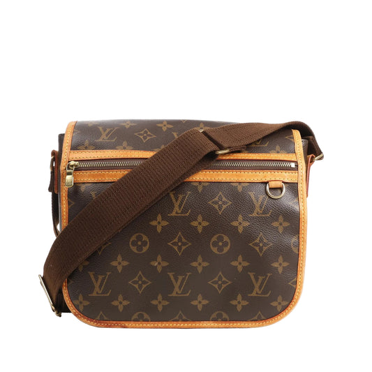 Louis Vuitton Bosphor PM crossbody bag in brown Monogram canvas with natural leather trim, front zip pocket, and adjustable brown canvas strap.