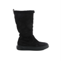Louis Vuitton black suede mid-calf boot with sheepskin trim at the top and black rubber sole with Monogram motifs on white background