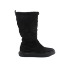 Louis Vuitton black suede mid-calf boot with sheepskin trim at the top and black rubber sole with Monogram motifs on white background