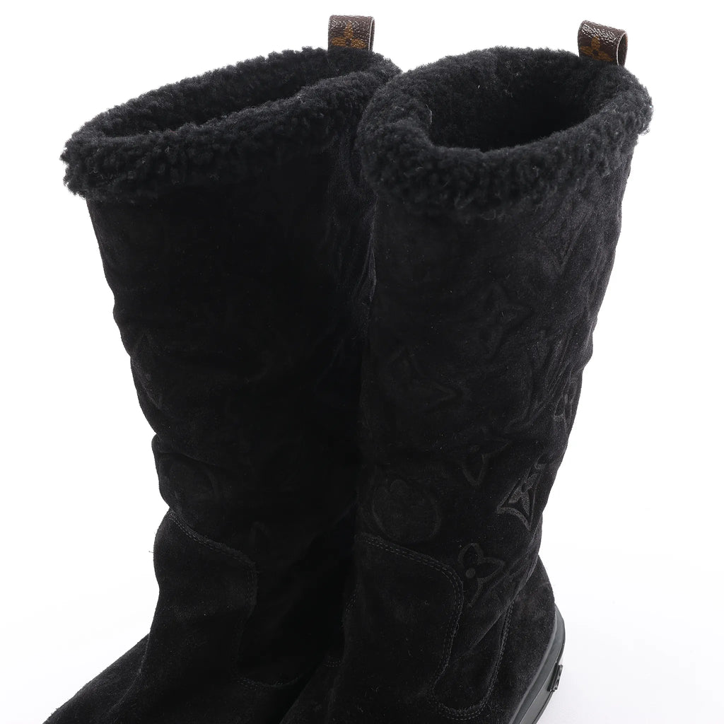 Louis Vuitton Breezy line 19-year Monogram Suede x Sheepskin Boots in Black CL0169, Size 38 EU