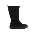 Louis Vuitton black suede mid-calf boot with sheepskin trim at the top and black rubber sole with Monogram motifs on white background