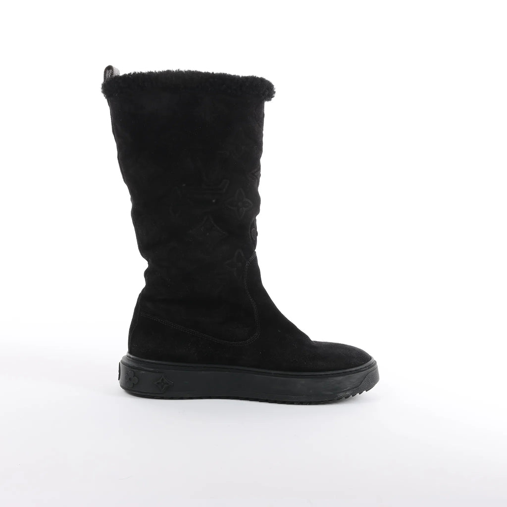 Louis Vuitton Breezy line 19-year Monogram Suede x Sheepskin Boots in Black CL0169, Size 38 EU