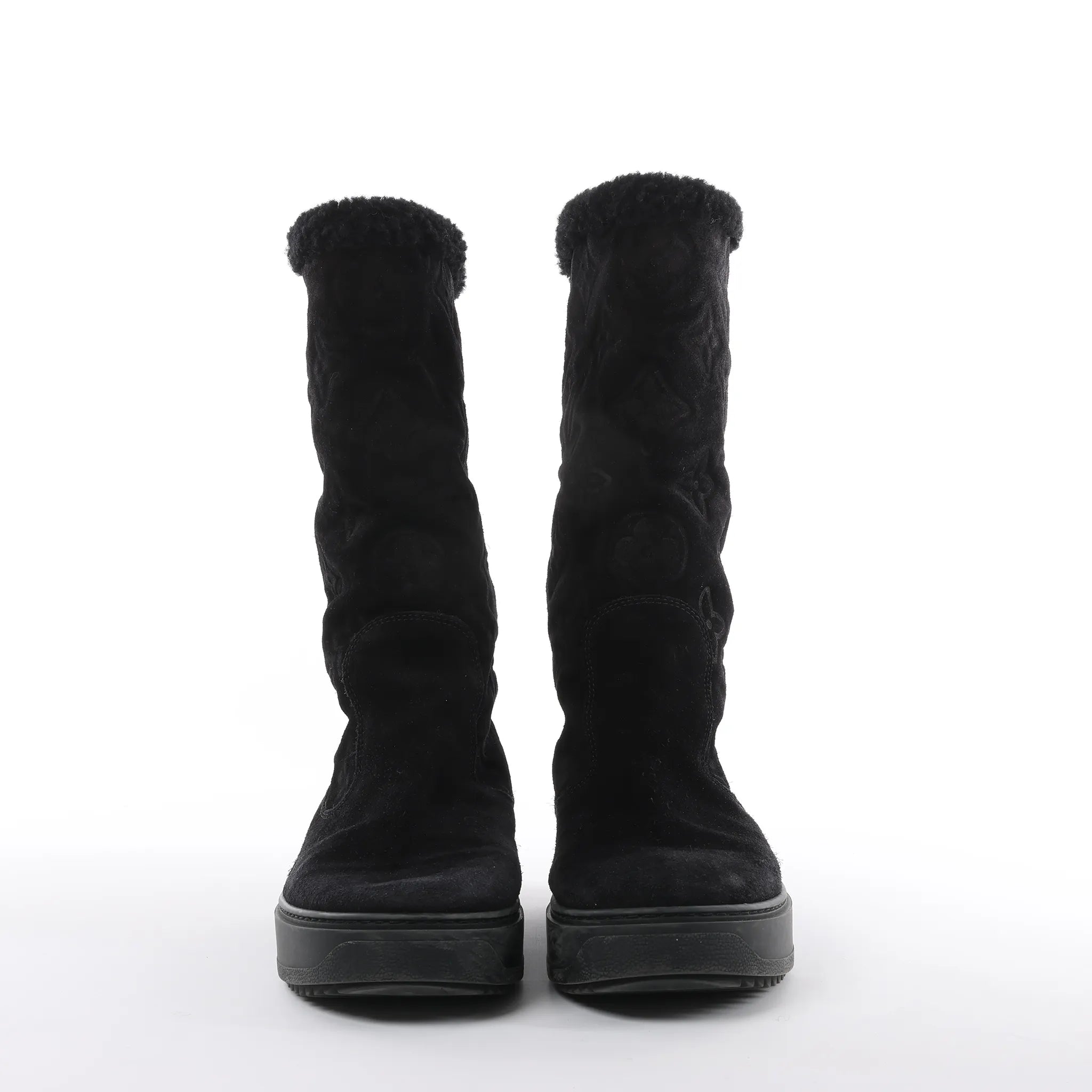 Louis Vuitton Breezy line 19-year Monogram Suede x Sheepskin Boots in Black CL0169, Size 38 EU
