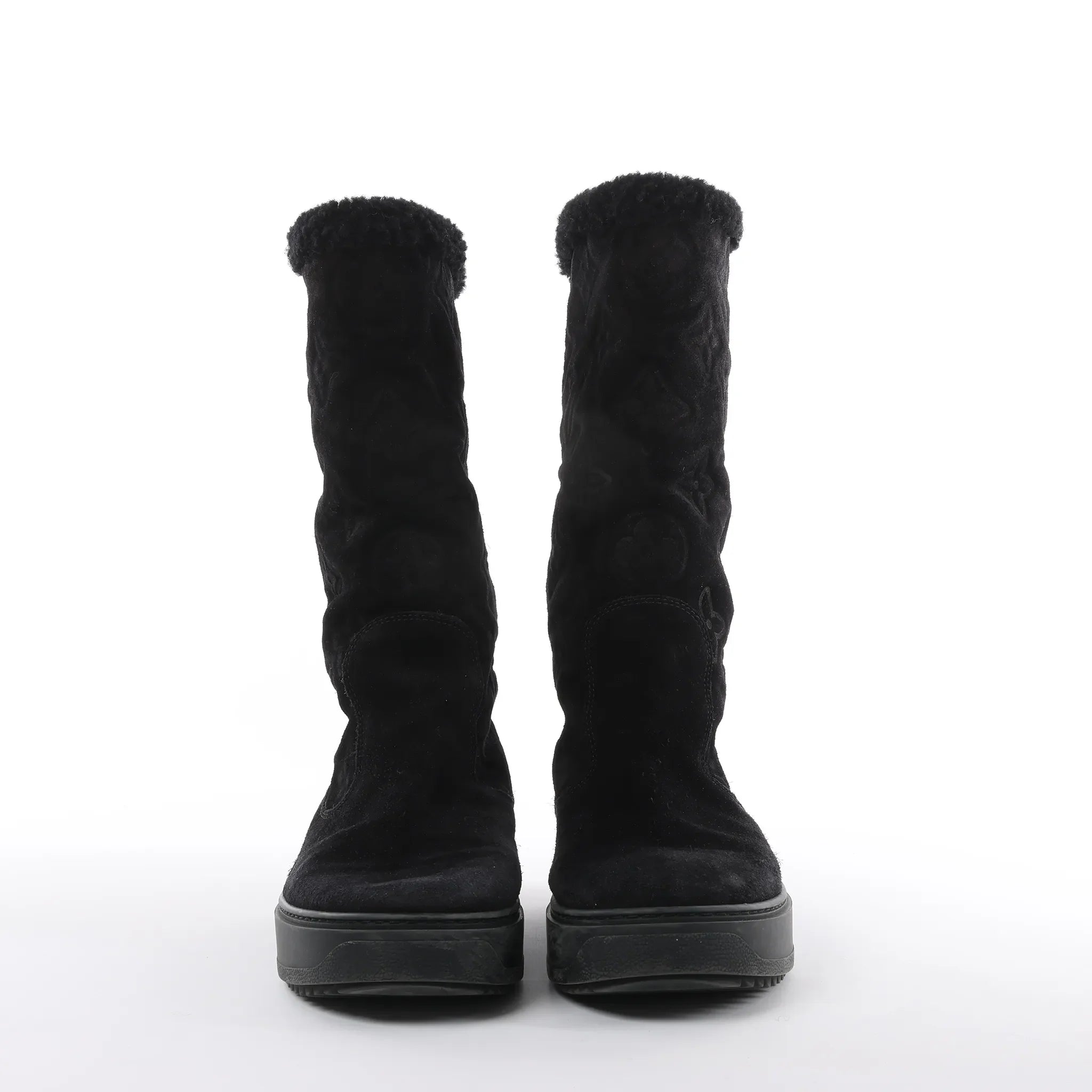 Louis Vuitton Breezy line 19-year Monogram Suede x Sheepskin Boots in Black CL0169, Size 38 EU