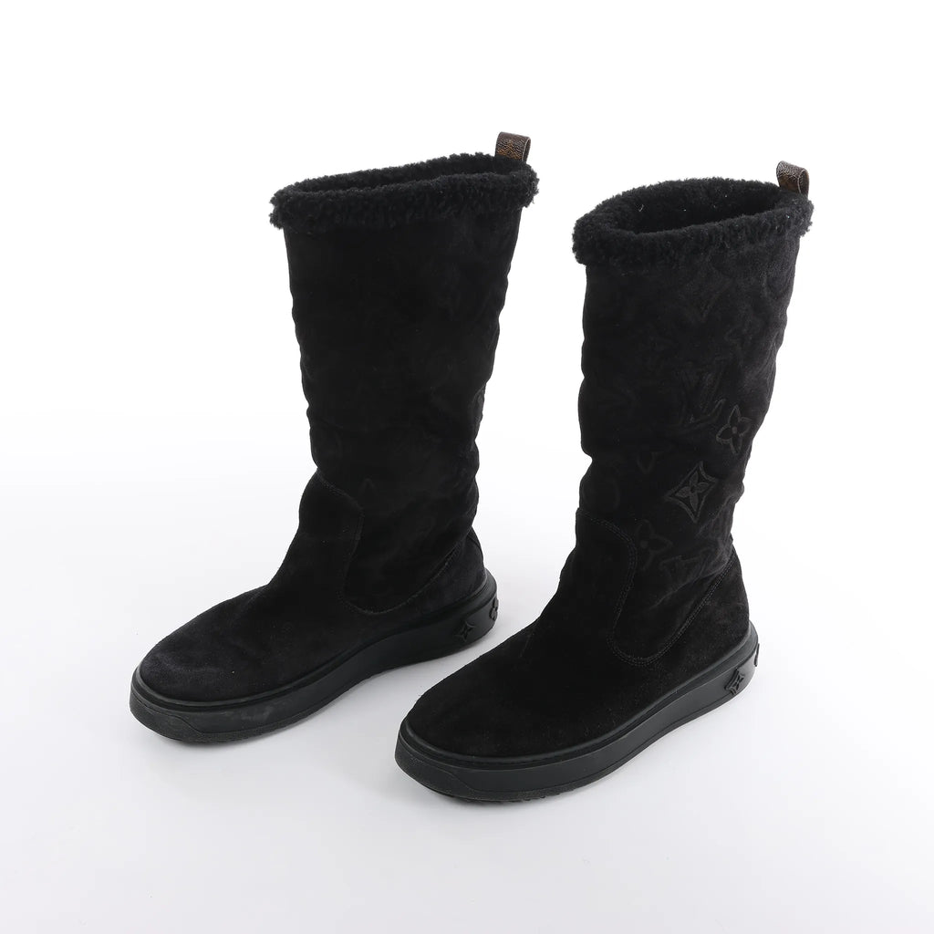 Louis Vuitton Breezy line 19-year Monogram Suede x Sheepskin Boots in Black CL0169, Size 38 EU