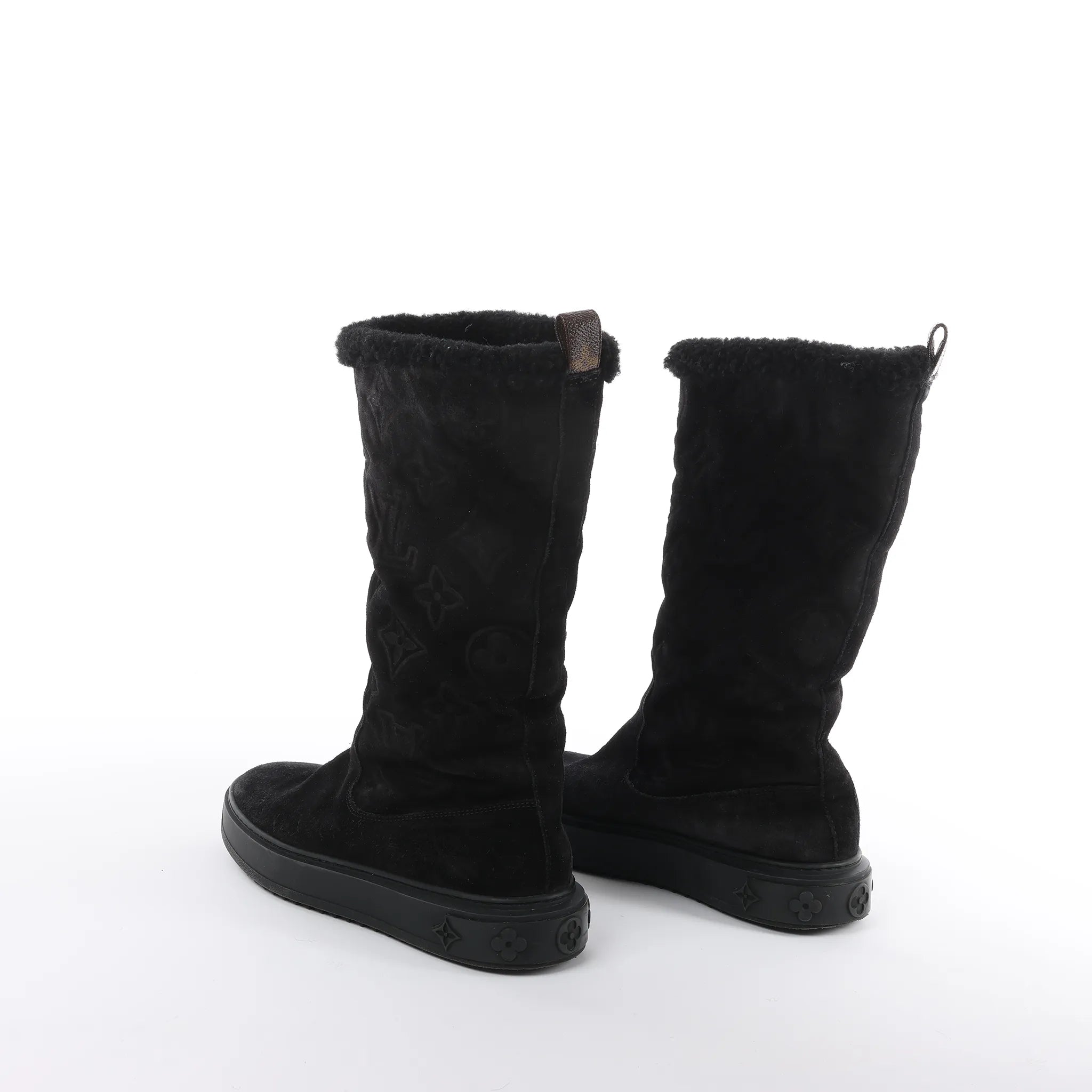 Louis Vuitton Breezy line 19-year Monogram Suede x Sheepskin Boots in Black CL0169, Size 38 EU
