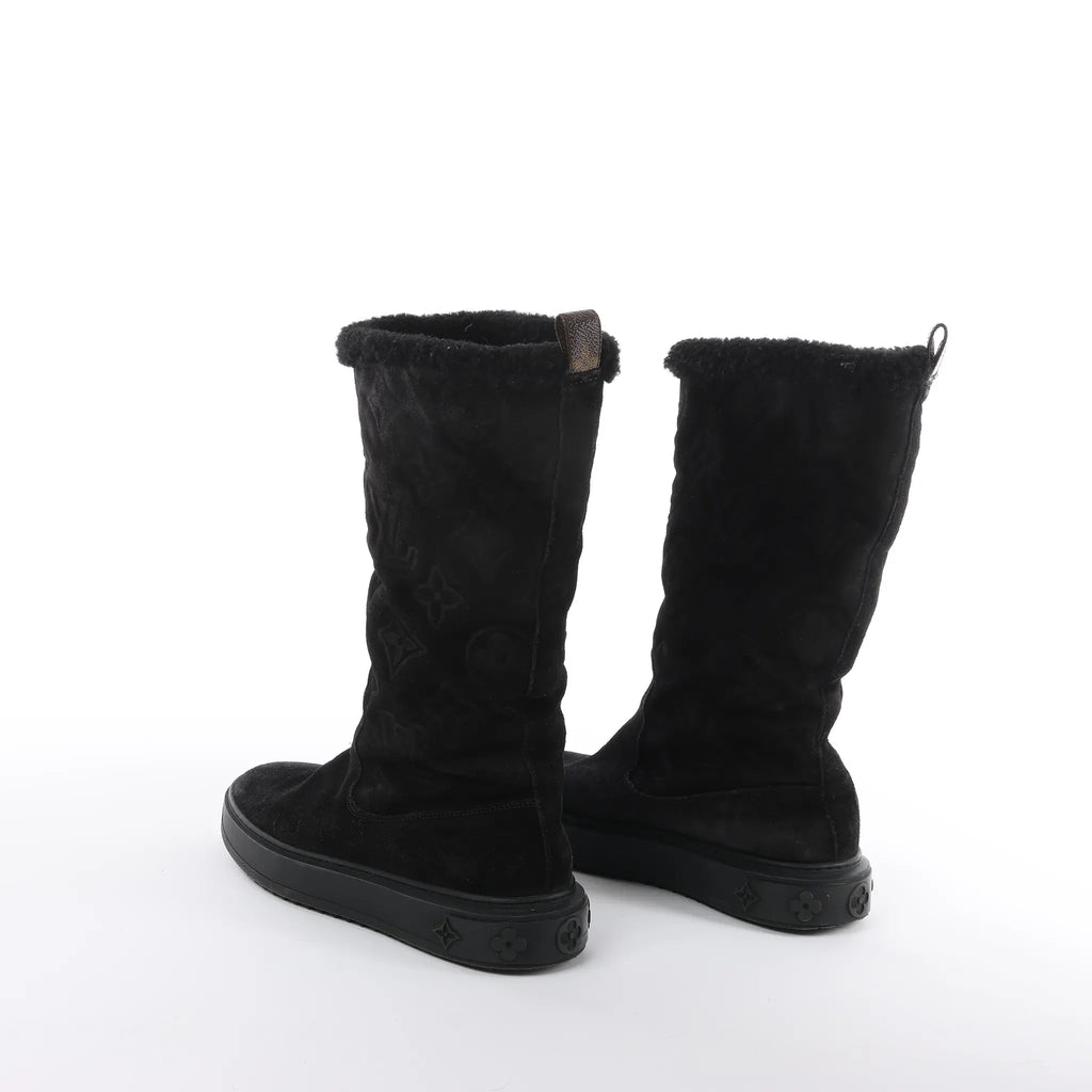 Louis Vuitton Breezy line 19-year Monogram Suede x Sheepskin Boots in Black CL0169, Size 38 EU