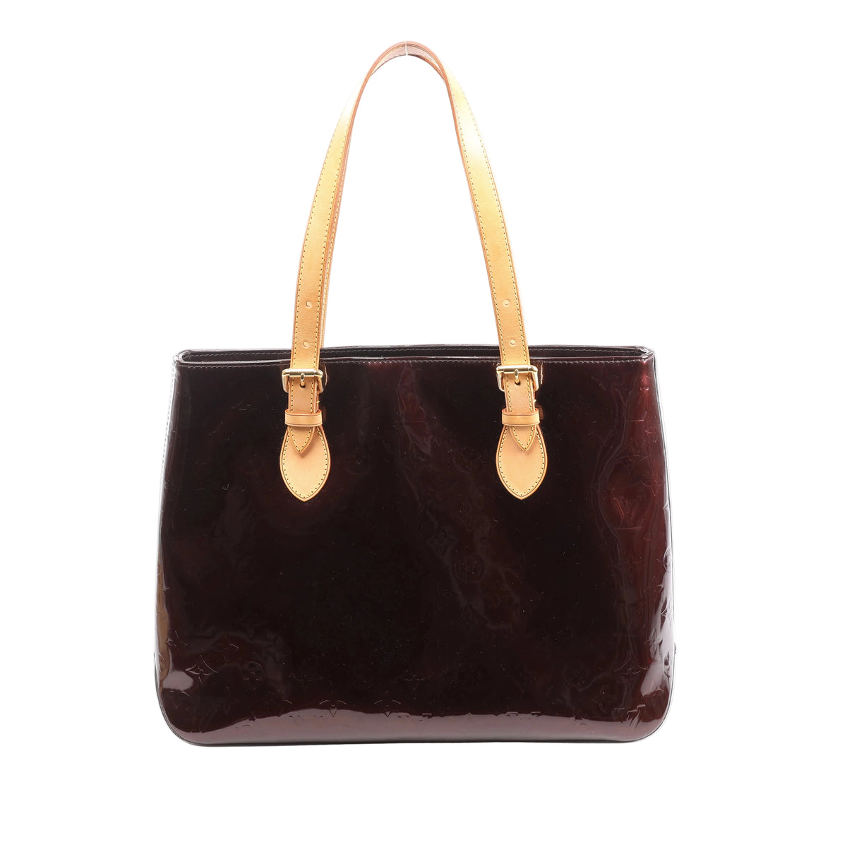 Amarante purple Louis Vuitton Brentwood Vernis leather tote with embossed Monogram pattern, natural leather shoulder straps and gold-tone buckles.