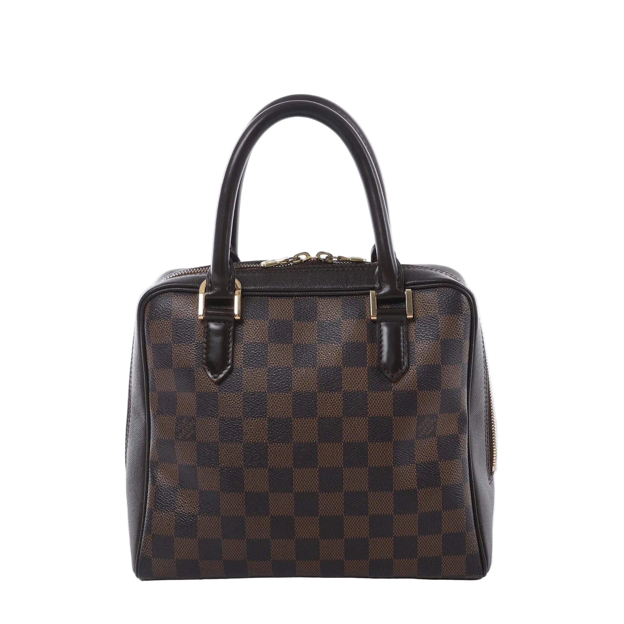 Louis Vuitton Brera handbag in brown Damier Ebene canvas with dark leather top handles, gold-tone hardware, and zip-top closure on white background.