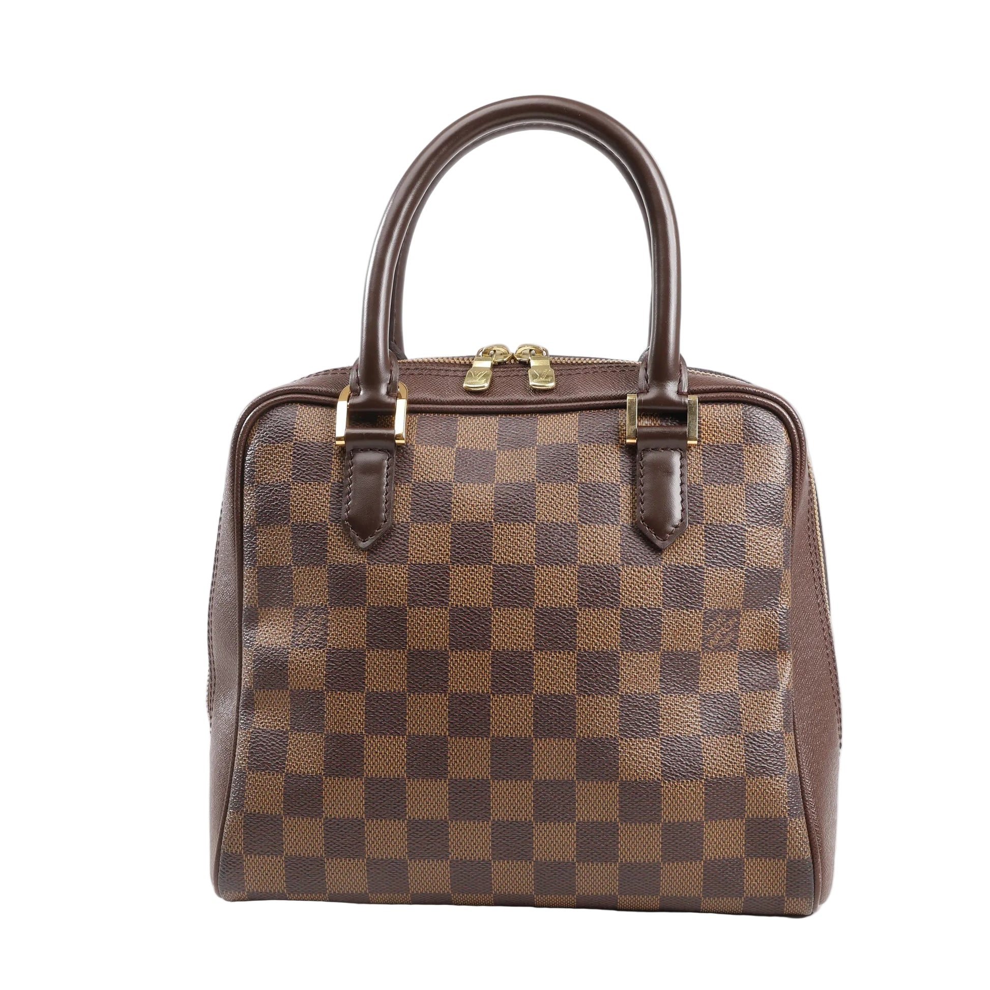 Louis Vuitton Brera Handbag N51150 in brown Damier Ebene coated canvas with dual rolled leather handles, gold-tone hardware, and structured rectangular shape on a white background.