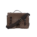 Front view of a brown Louis Vuitton Broadway Damier Ebene messenger bag with dark leather trim, top handle, wide shoulder strap and two front pockets.