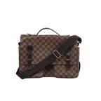 Front view of a brown Louis Vuitton Broadway Damier Ebene messenger bag with dark leather trim, top handle, wide shoulder strap and two front pockets.