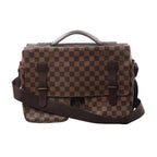 Brown Louis Vuitton Broadway Damier Ebene messenger bag with checkerboard canvas, dark leather trim, top handle, front flap and wide shoulder strap.