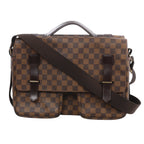 Brown Louis Vuitton Broadway Damier Ebene messenger bag with dark leather trim, top handle, twin front pockets and wide shoulder strap.