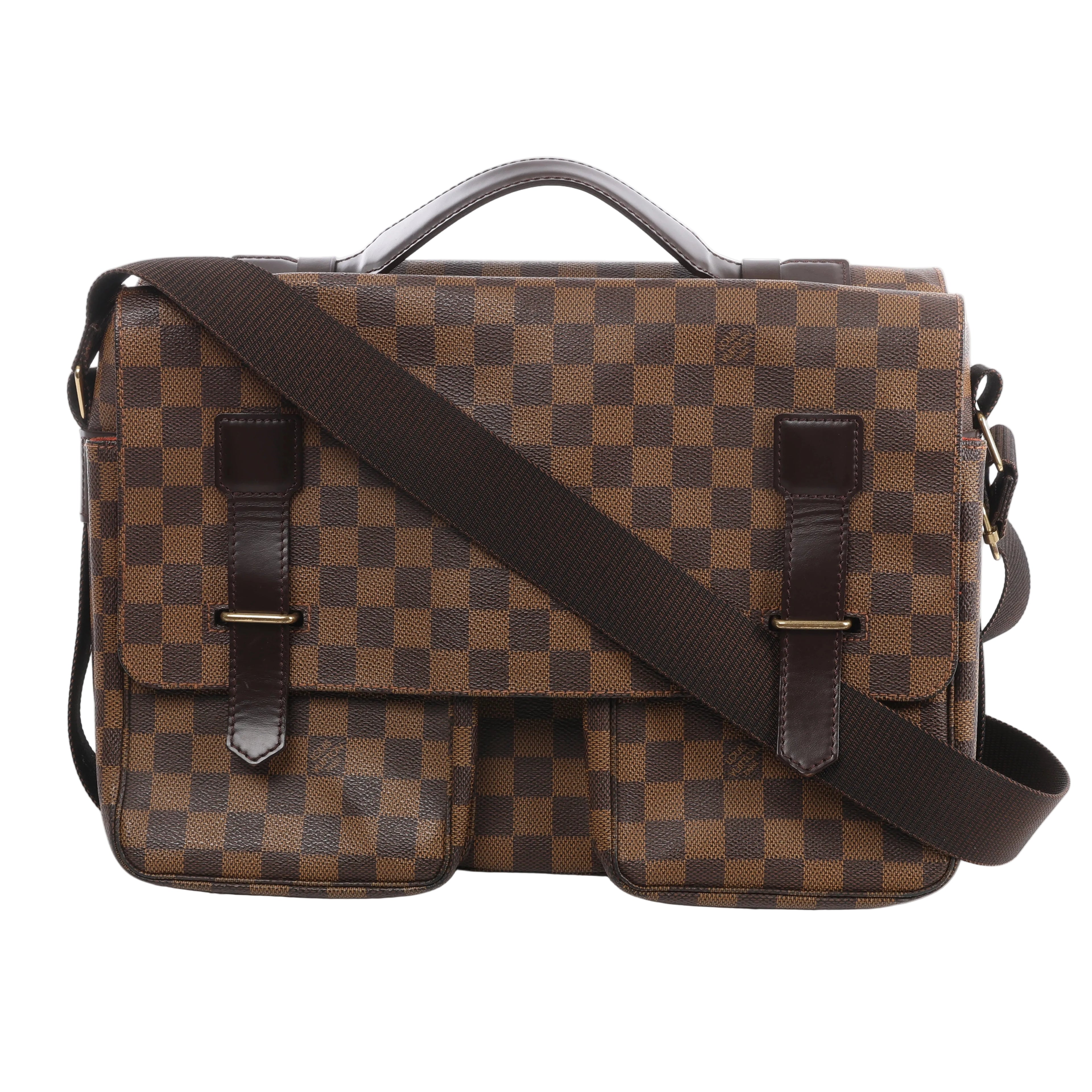 Brown Louis Vuitton Broadway Damier Ebene messenger bag with dark leather trim, top handle, twin front pockets and wide shoulder strap.