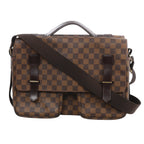 Brown Louis Vuitton Broadway Damier Ebene messenger bag with dark leather trim, top handle, twin front pockets and wide shoulder strap.