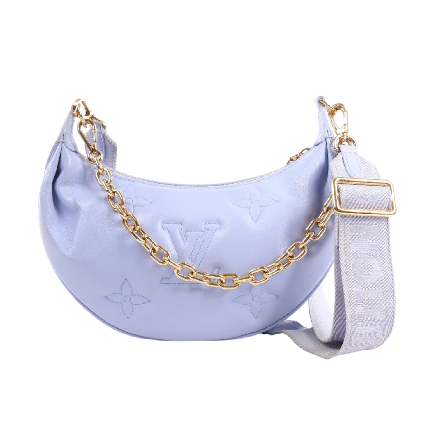Light purple handbag with gold chain and strap on a white background