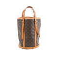 Louis Vuitton Bucket GM Monogram canvas shoulder bag in brown with vachetta leather straps.