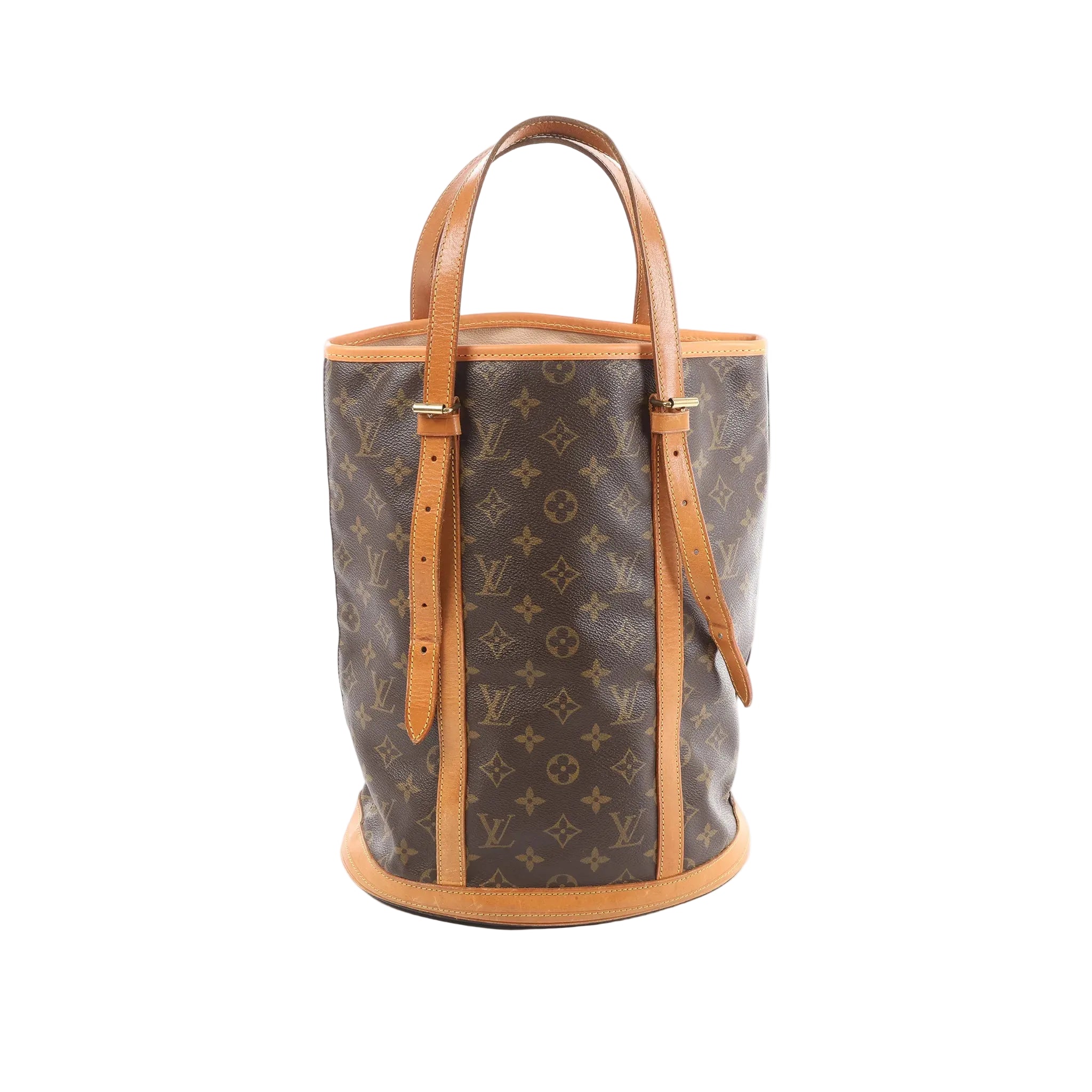 Louis Vuitton Bucket GM Monogram canvas shoulder bag in brown with vachetta leather straps.