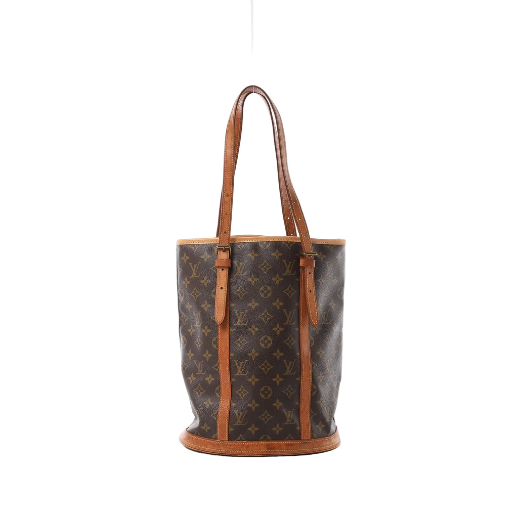 Louis Vuitton Bucket GM shoulder bag in brown Monogram canvas with tan leather trim, long adjustable straps and a round structured base.