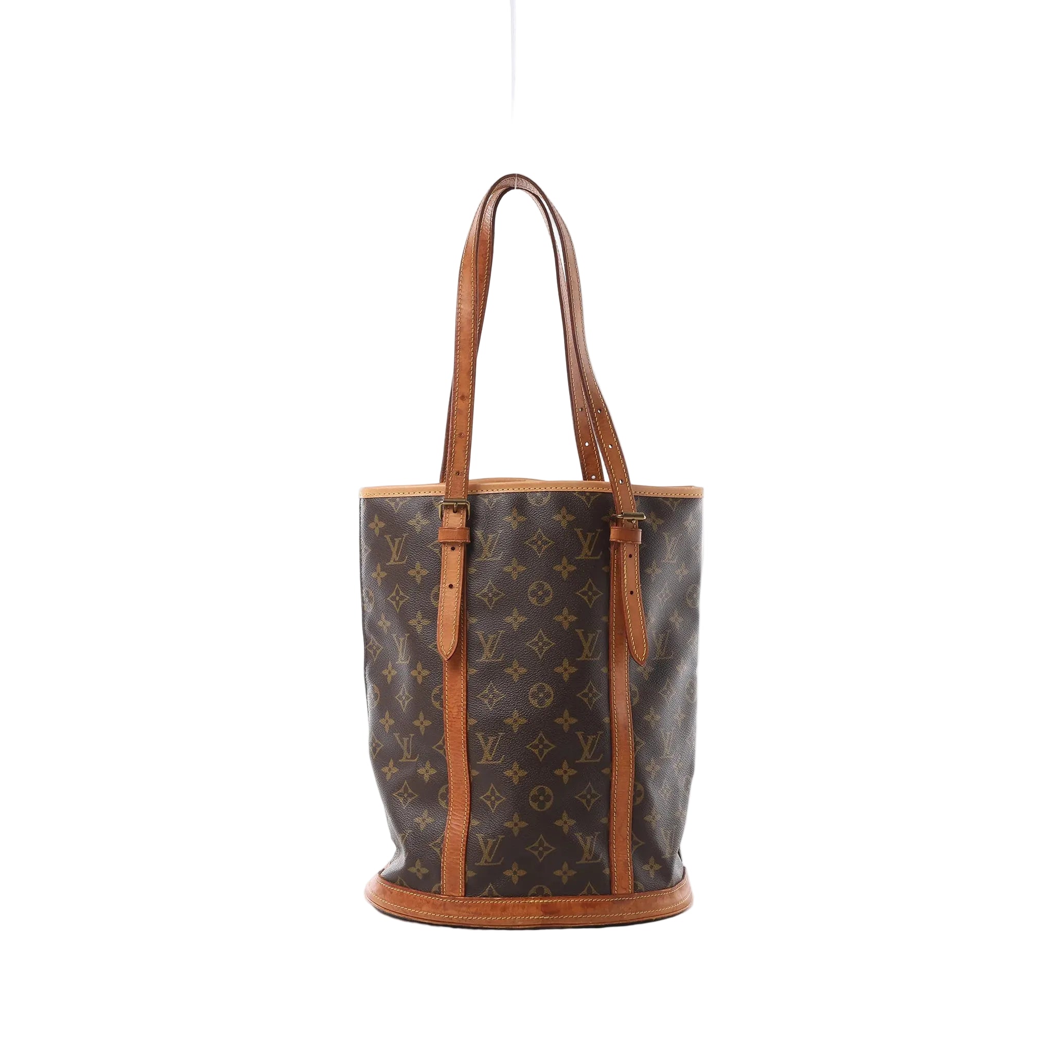 Louis Vuitton Bucket GM shoulder bag in brown Monogram canvas with tan leather trim, long adjustable straps and a round structured base.