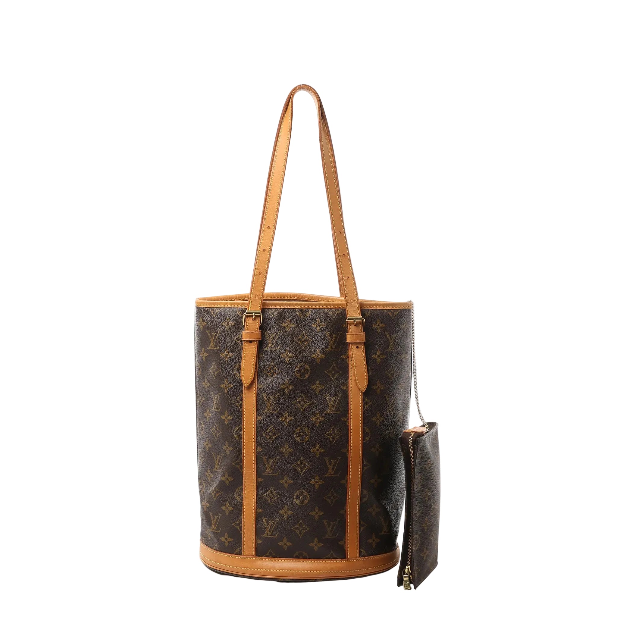 Louis Vuitton Bucket GM shoulder bag in brown Monogram canvas with vachetta leather trim and long straps, shown with matching detachable zip pouch on a chain.